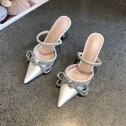 Summer Fashion Rhinestone Diamond Butterfly-Knot Sandals High Heels Pointed Toe Slippers Women Pumps Party Wedding Bling Shoes