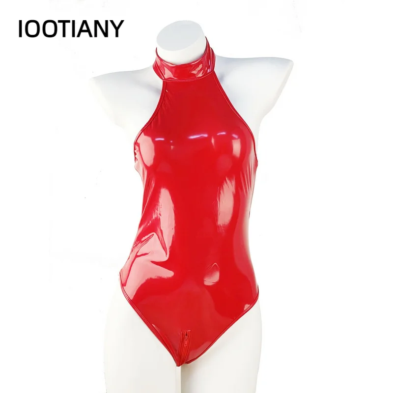 Erotic Crotchless Bodysuit Women Plus Size Black Red Wetlook Leather Sexy Lingerie Catsuit Latex Open Crotch Zipper Jumpsuit