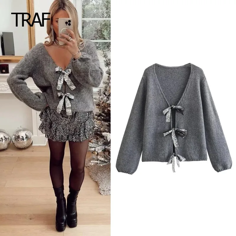 TRAF Sequin Bow Cardigan Women\'s Sweater Autumn Winter Cropped Knit V-Neck Long Sleeve Coat New In Knitwears Christmas Sweaters