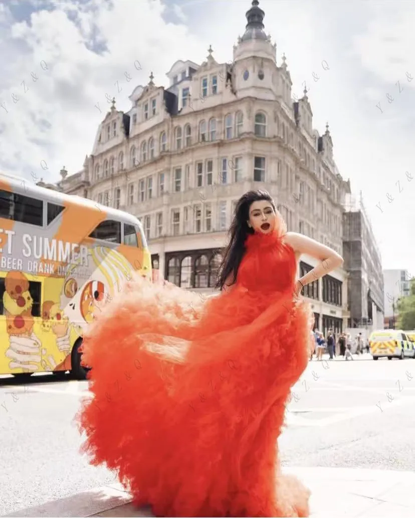 Elegante longo vestidos de baile sem costas longo exuberante vestidos femininos para sessões de fotos vestidos formais de noite inchado em camadas babados