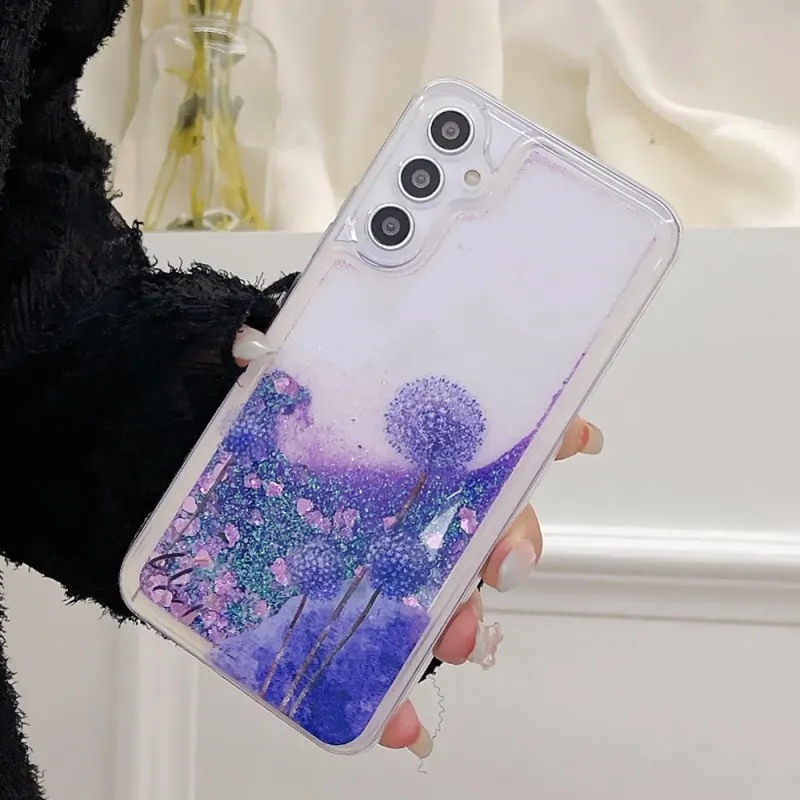 Liquid Glitter Case For Samsung Galaxy A17 A16 A56 A35 A55 A15 A25 A54 A34 A36 Pink Bling Quicksand Flower Butterfly Clear Cover
