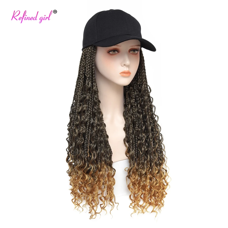 

Ombre Synthetic Wig Boho Box Braids Hair with Hats Baseball Cap Connected Curly Ends Braiding Hair For Black Woman Black Brown