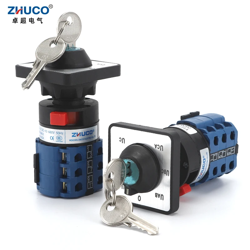 

ZHUCO SZW26/LW26-20C YH5.3Y 3 Poles 20A 7 Positions 12 Screws Universal Selector Rotary Cam Changeover Voltmeter Switch With Key