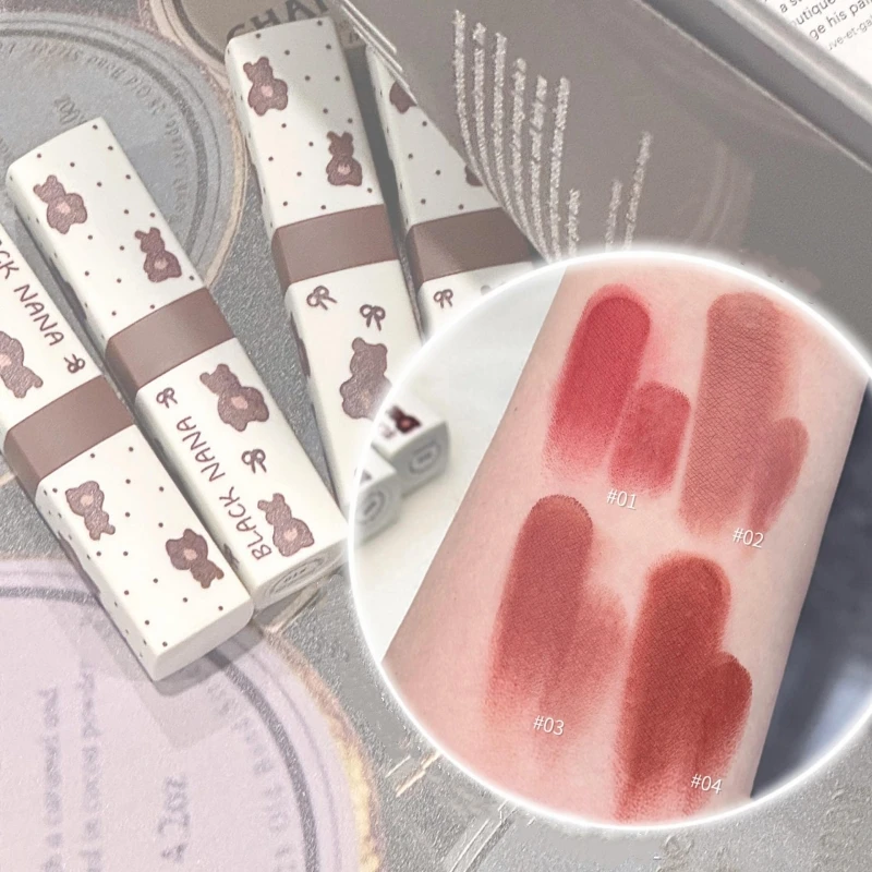 Little Bear Matte Lipstick Misty Not Easy Stick Cups Velvet Lip Mud Low Saturation Student Party Glaze Makeup Cute Lipgloss