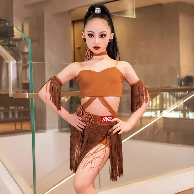 Vêtements de danse latine pour enfants filles, bretelles Spaghetti, dos nu, jupes à franges, ensembles de Costumes de spectacle de Festival Rumba