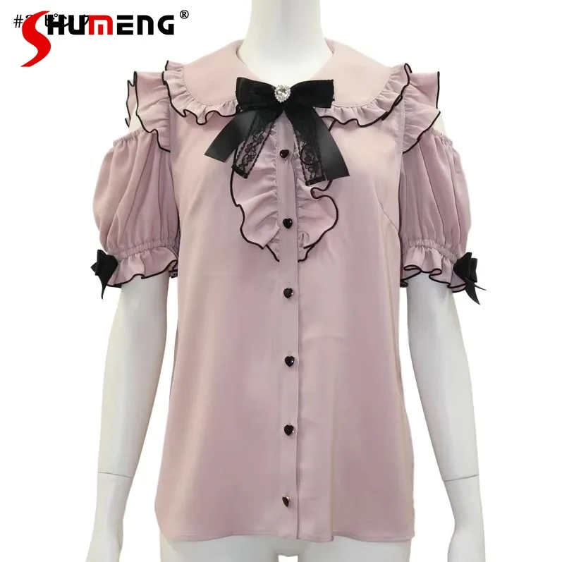 Japanese Mine Sweet Short Sleeve Ruffles Shirt Summer New Lolita Cute Mass-Produced Pink White Off-Shoulder Top Blouse for Women