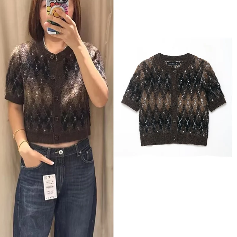 

Sweater Autumn Women's 2025 New Brown Diamond Plaid Cardigan Elegant Women's Warm Sweater Street Chic Holiday Autumn Sweaters