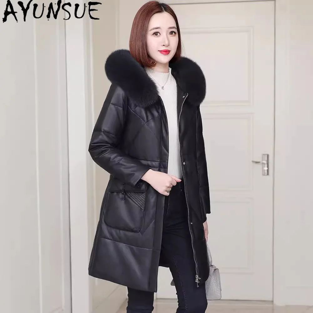 AYUNSUE Echtes Schaffell Echtes Leder Daunenjacke Frauen Winter Kleidung Warme Fuchs Pelz Kragen 2025, Mittellange Weiße Ente Daunenmantel