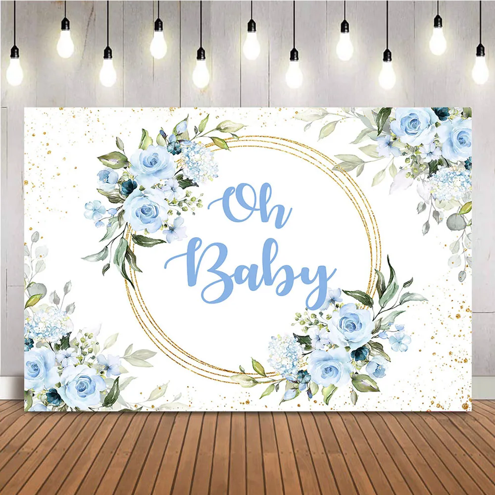 Baby Shower Baptism Backdrop for Boy God Bless Photo Background Blue Flowers Gold Glitter Shining Dots Photocall Backdrops Prop