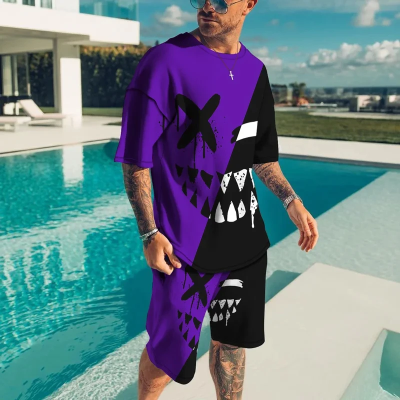 New Summer Men's T shirts Shorts 2 Piece Suit Little Devil 3D Printing Short Sleeve Oversize Sportswear Hip Hop Set Men Clothing