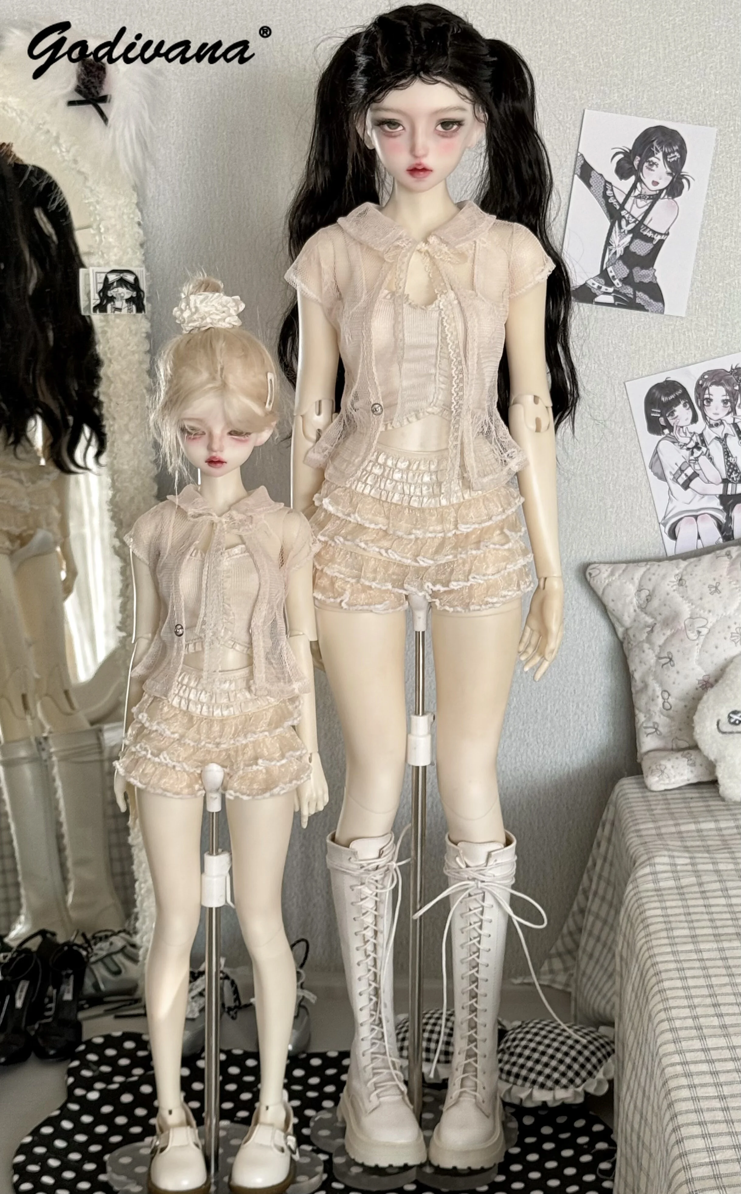 1/3 BJD Doll Outfit Sweet Coquette Embroidery Sheer Lace Shirt with Knit Camisole Tiered Ruffle Skort Fit 1/4 Doll Clothes Set