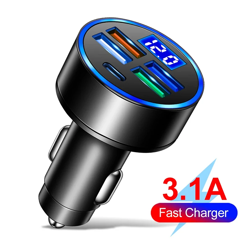 Carregador de Carro PD 5 em 1 QC3.0 12-24V Adaptador para Celular com Display Digital 4 USB Tipo C Carregamento Rápido para iPhone Samsung Huawei Xiaomi