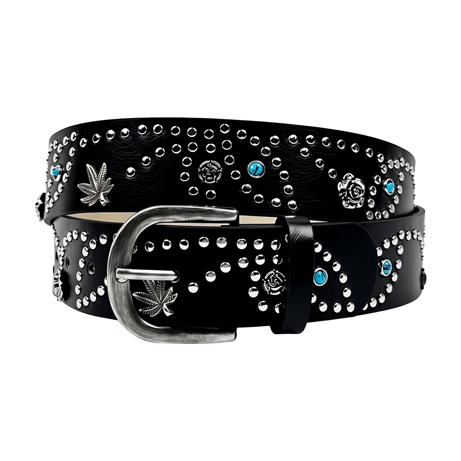 Vintage Distressed Maple Leaf Rivet Belt for Women Punk Faux Turquoise PU Leather Casual Jeans Waist Belt Street Style
