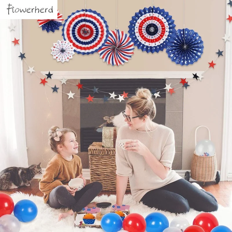 American Independence Day Party Decoration American Flag Paper Fan Red Blue White Star Paper String Spiral Garland Event Decor