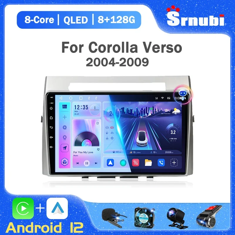 

Srnubi 9'' Car Radio Android 12 for Toyota Corolla Verso AR10 2004 - 2009 Multimedia Player Navigation GPS 2 Din Carplay Stereo