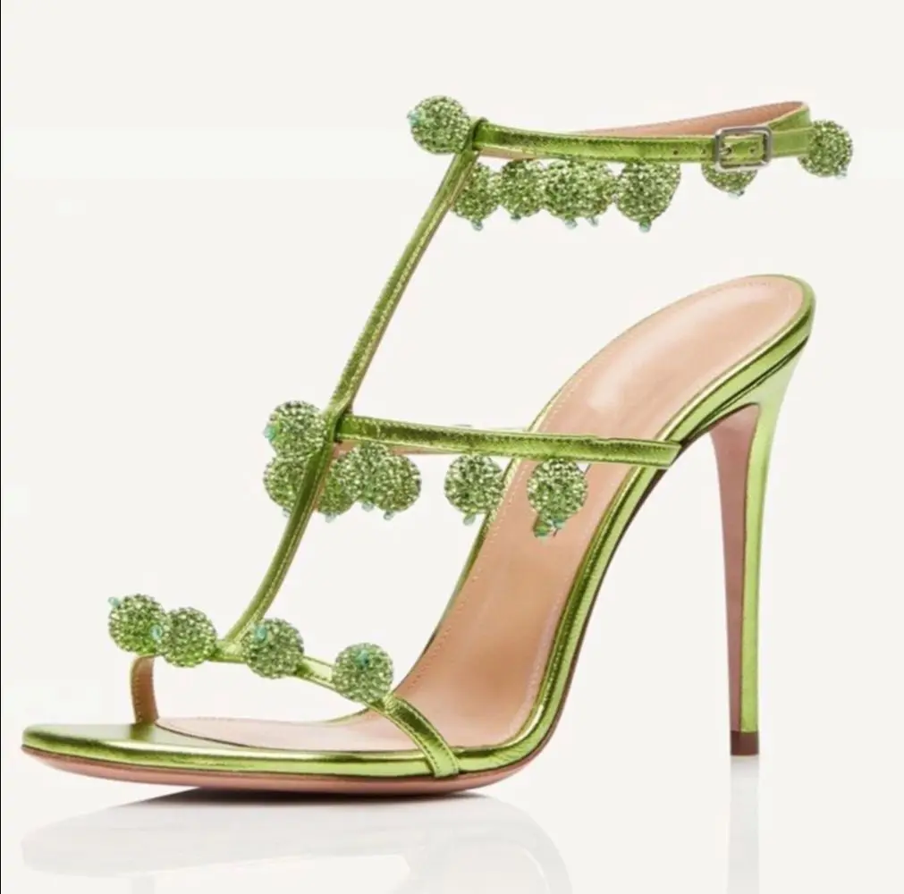 

Green Crystal Rhinestone Shiny Sandals Ankle Strap Hollow Stiletto Heel Open Toe High Heels Women 2024 Novelly Fashion Sandals