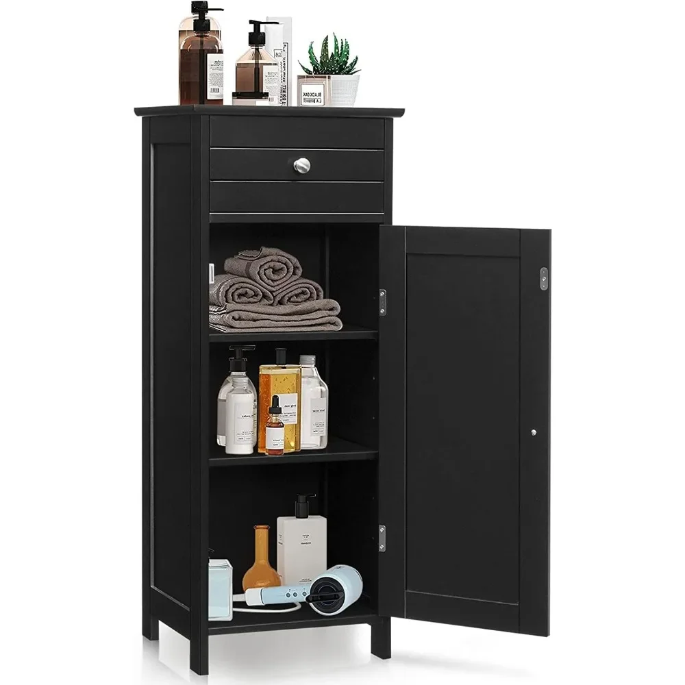 

Bathroom Floor Cabinet, Single Door Floor Storage Cabinet Organizer with Drawer and 3-Level Adjustable Shelves,