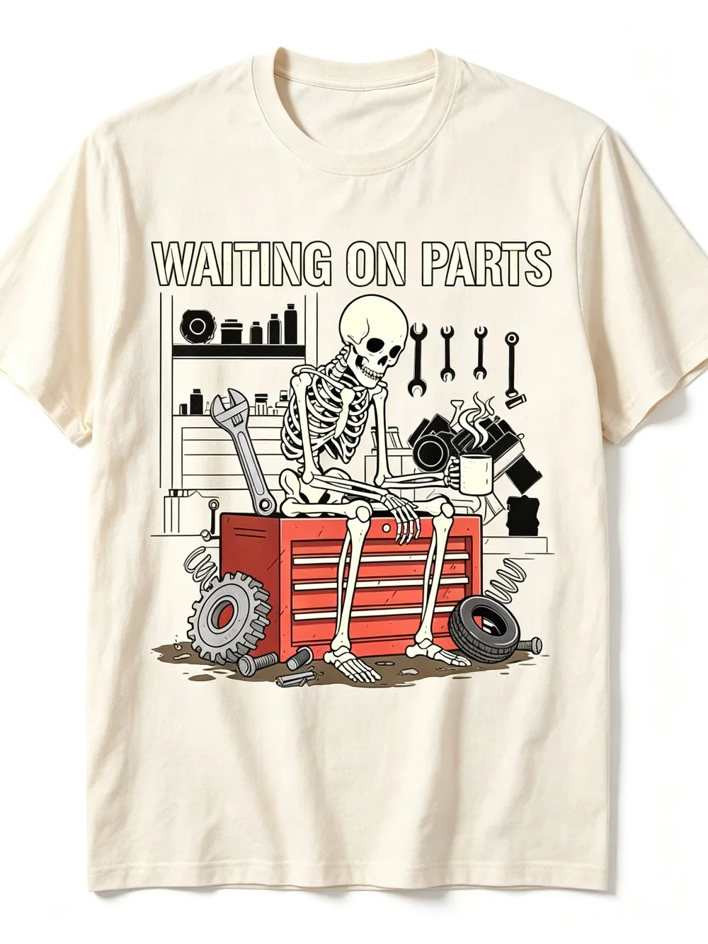 2026 New Men’s Skeleton Waiting On Parts Graphic Print T-Shirt, Mechanic Garage Tool Vintage Crew Neck Casual Tops