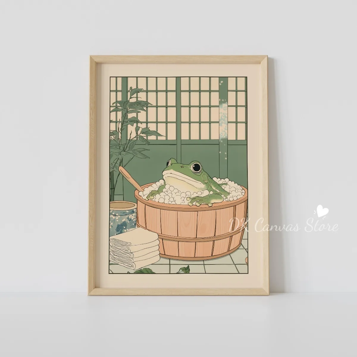 اليابانية الرجعية الضفدع في حوض الاستحمام طباعة ملصق غريب الأطوار خمر لطيف مضحك الحيوان الفن طباعة الحمام جدار ديكور فني للمنزل ملصق
