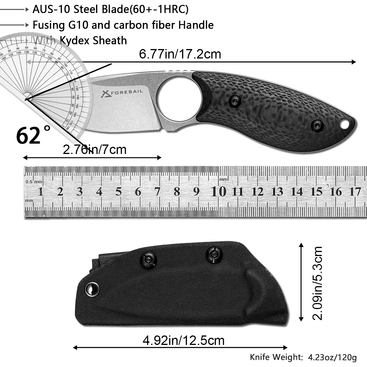 6.77in Small Fixed Blade Knife,AUS-10 Steel. handle made by fusing G10 and carbon fiber,with Kydex Sheath,Outdoor Hiking Camping - view 2