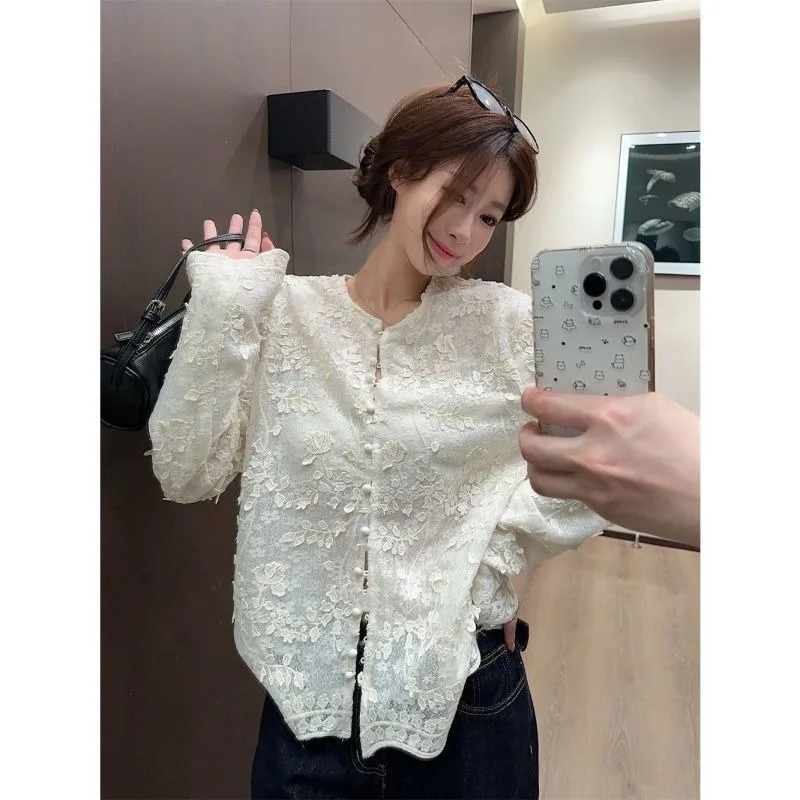 Mode geborduurd driedimensionaal kanten overhemd Franse nieuwe Chinese top vrouwelijke elegante effen kleur casual veelzijdig vest