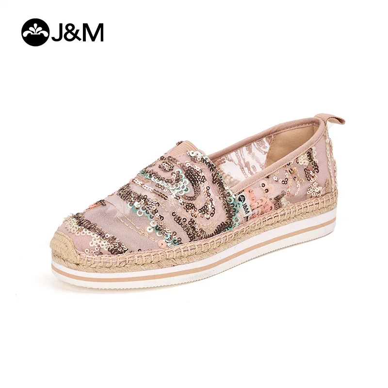 J&M Fashion Women Loafers Sequins Fisherman Shoes Summer Lace Breathable Mesh Platform Espadrilles Slip-On Casual Shoes Sneaker