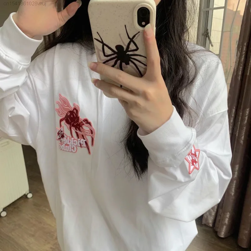 

Spider Embroidery Graphic Couple Long Sleeve T-shirt Men's Women's Hip Hop Trendch New 2023 White Hoodie Women Y 2k Japanese Top