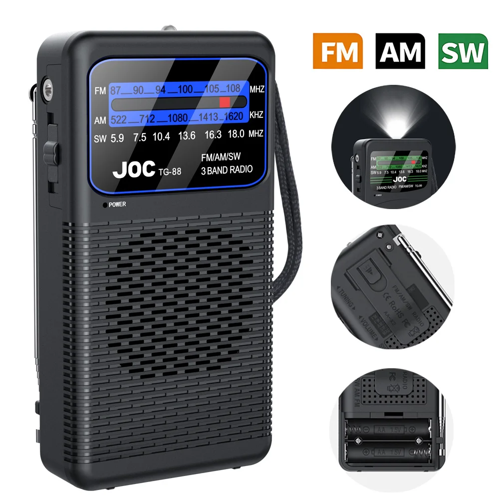 Portable FM/AM/SW Radio Battery FM Receiver Excellent Reception Clear Speaker With 3.5mm Headphone Jack LED Lighting For Elderly