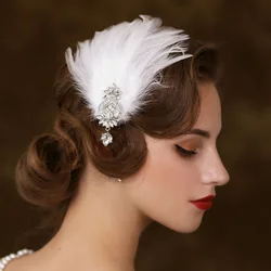 Gorgeous 1920s Feather Flapper Headbad Tiara Statement Headdress Jewelry Elegant Boho Design Rhinestone Hair Accessories Prom