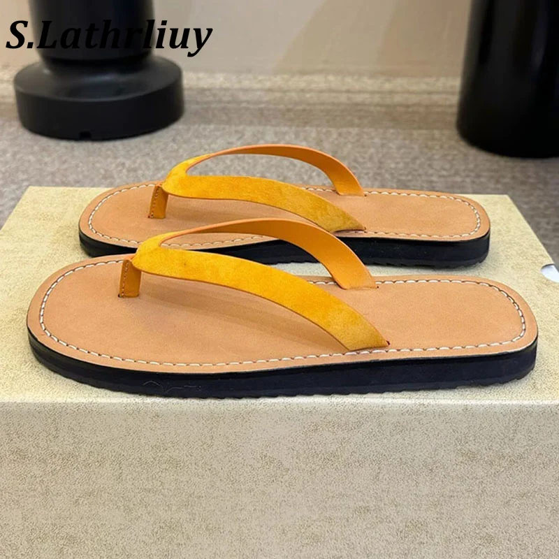 Flip flops women's new leather open toe slippers comfortable and casual seaside vacation sandals minimalist lazy flat shoes