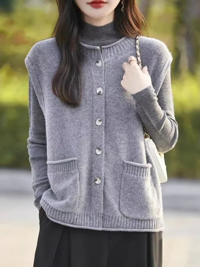 

High-End Woolen Women's Vest Cardigan Cuffed round Ne Loose Casual Winter Warm Faion Open Cardigan oulder Pad