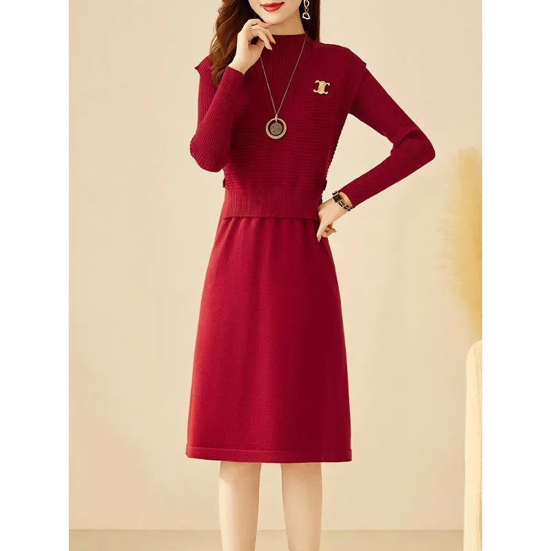 Women Two Piece Set Temperament Elegant O-neck Midi Dress 2024 Autumn Winter Office Lady Solid Commute Soft Slim Knit Dresses