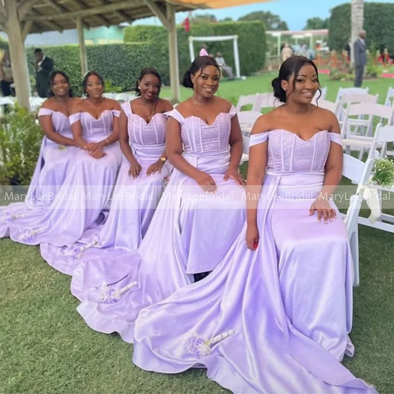 

Plus Size Lilac Bridesmaid Dresses for Women Exposed Boning Bodice Long Ribbon Maid Of Honor Gowns Mermaid Bride Party Dress