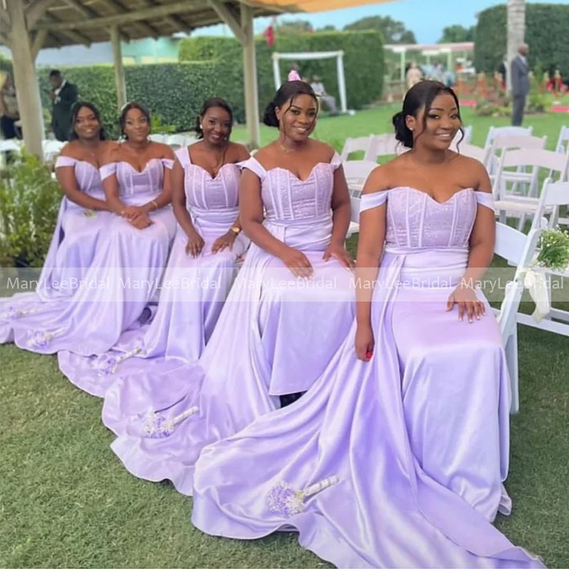 Customized Plus Size Lilac Bridesmaid Dresses for Women Exposed Boning Long Ribbon Maid Of Honor Gowns Mermaid Bride Party Dress