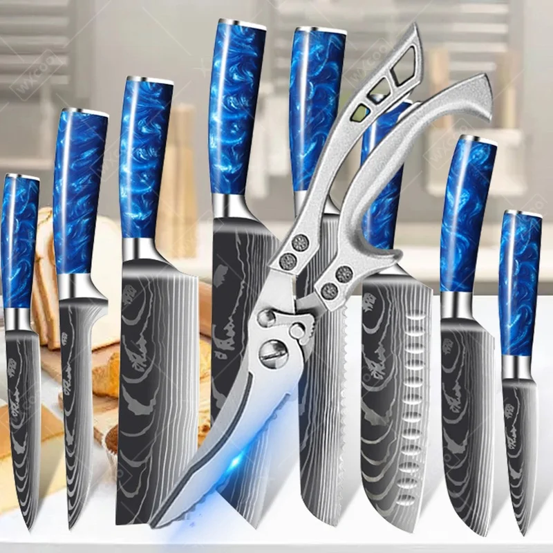 WXCOO 1~9pcs Professional Knife Set Kitchen Knife Japanese Santoku Cooking Chef Meat Cutting Chicken Bone Damascus Scissor