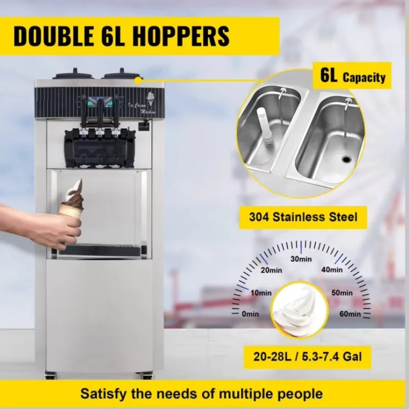 

YKF-8228H Commercial Stainless Steel 20-28L/H Soft Serve Ice Cream Machine with 2+1 Flavors