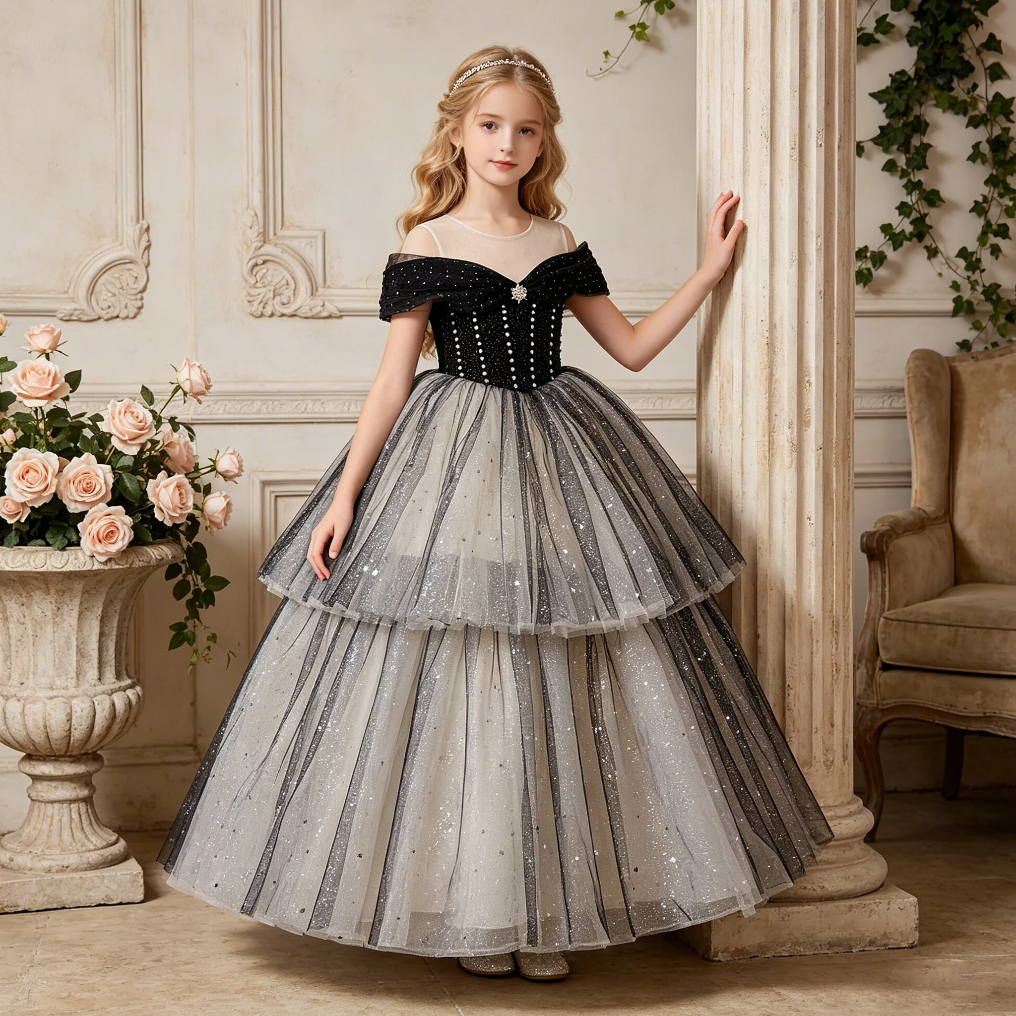 Mode Pailletten Brautjungfern Mädchen Kleid Elegante Tüll Hochzeit Prinzessin Party Ballkleider für Mädchen Geburtstag Festzug Abendkleid