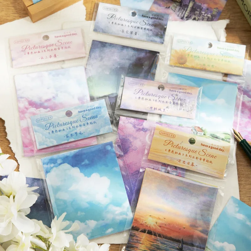 10 sheets per pack Stationery Sticker Landscape fields castles night sky watercolor scenery handbook material decoration6 types