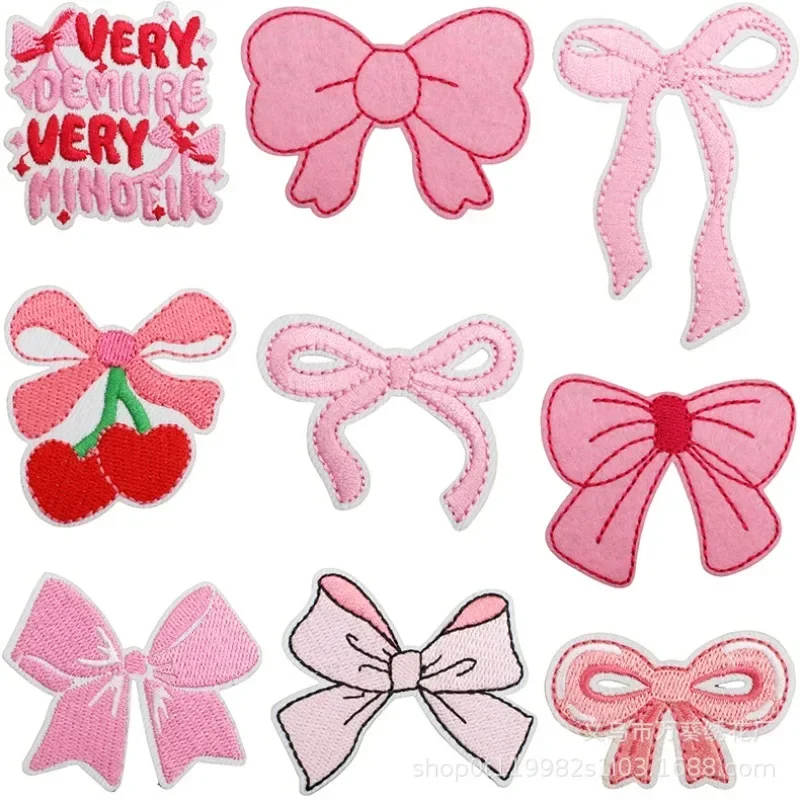 Headgear dress up bow embroidery cloth sticker clothes bag patch sticker cherry bow computer embroidery label ironing