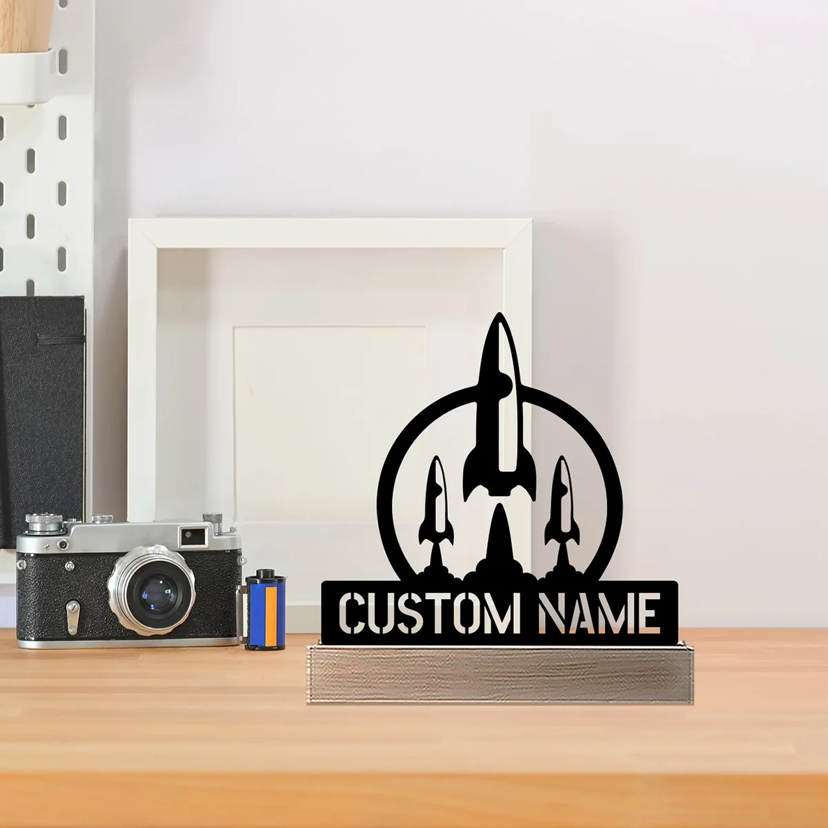 1pc Modern Rocket launch Custom Name Metal Statue Metal Ornament With Wood Base Iron Sculpture Handicraft With Wood Base