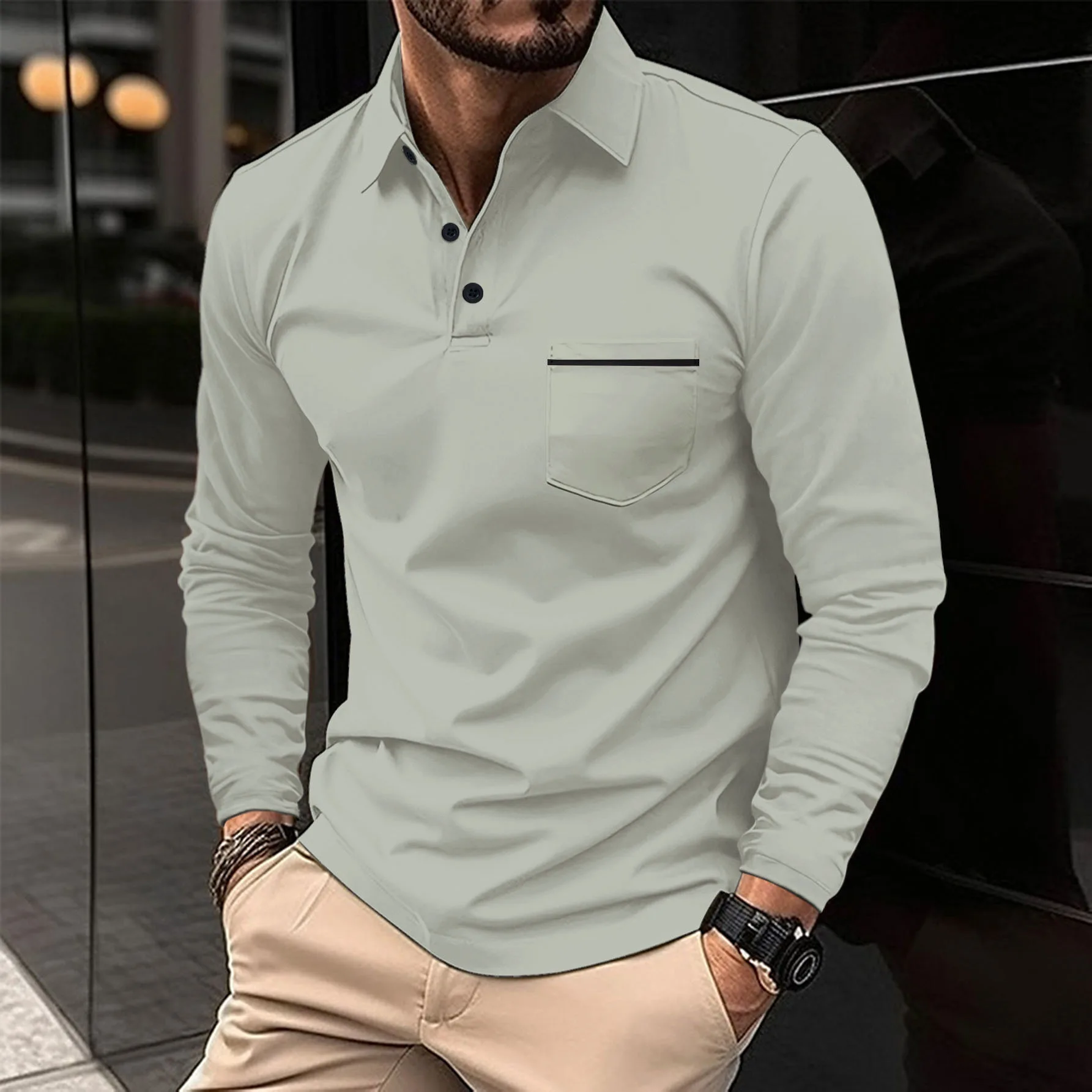 New men's casual long-sleeved polo shirt - solid-colored lapel polo shirt, stylish, breathable, comfortable and versatile top. image 4