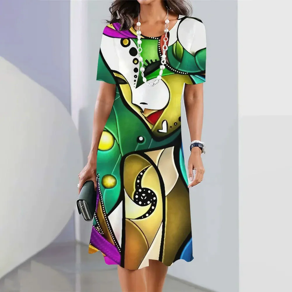Fashion Face Pattern Women Mini Dresses Summer Short Sleeve 3D Printed Street Retro Ladies Dress 3XL Plus Size Casual Dress