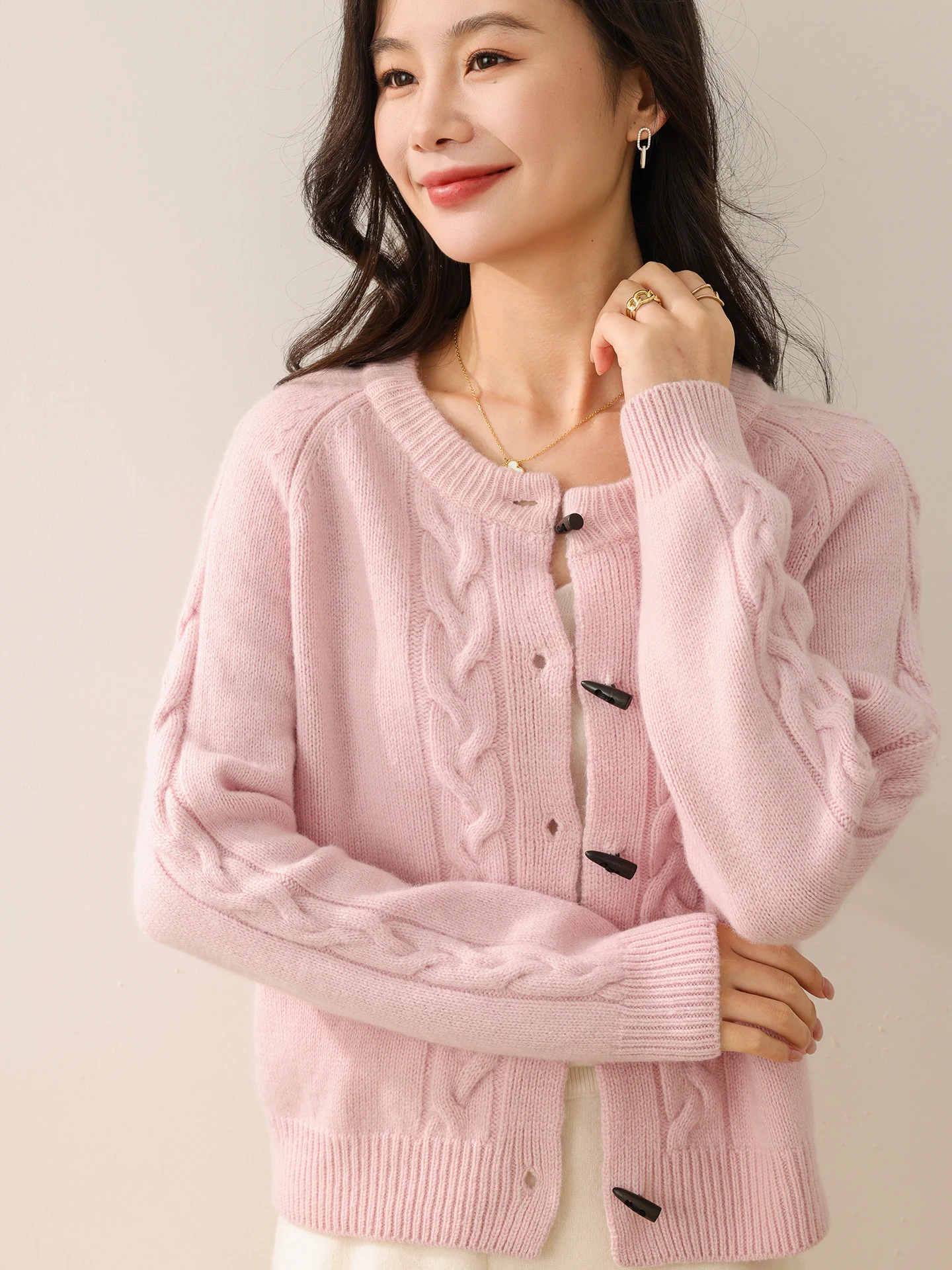 

100% Merino Wool Sweater Women's O-neck Twisted Flower Cardigan Knitwear Thick Horn Button Sweater Lazy Insert Pocket Soft Tops