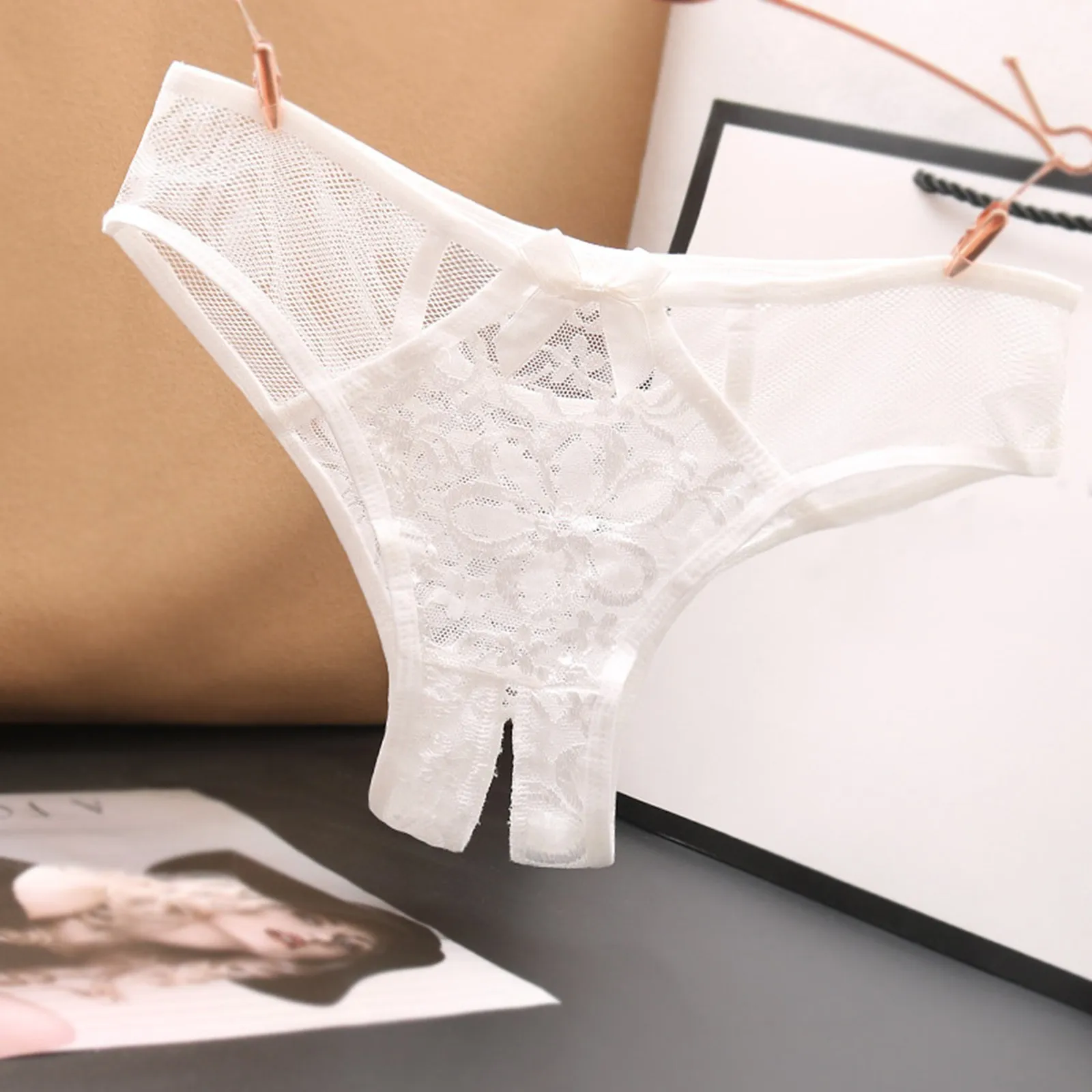 Low Womens Briefs Underpants Open Crotch Lace Underwear Waist Panties Transparent G-Strings Thongs Solid Bowknot Lace Underwear