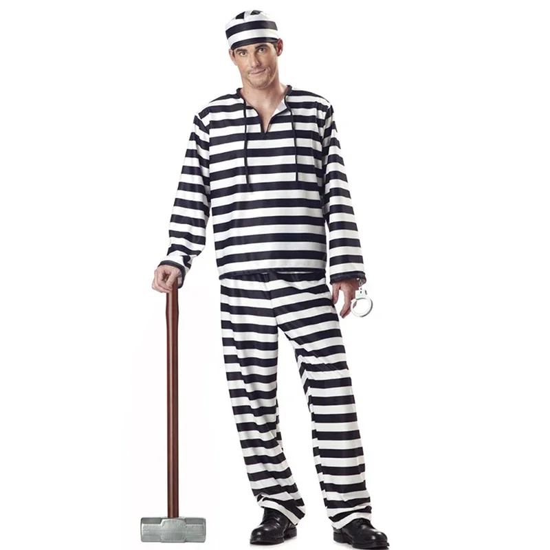 Halloween Carnival Party Prisoner Costume for Men Women Black White Stripe Violent Prisoner Costumes Cosplay Fancy Dresses Set