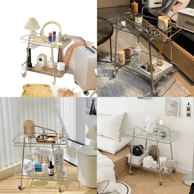 Vintage Rolling Side Table with Storage Shelf Mobile Coffee Cart for Living Room Bedroom Creative Small Space Furniture