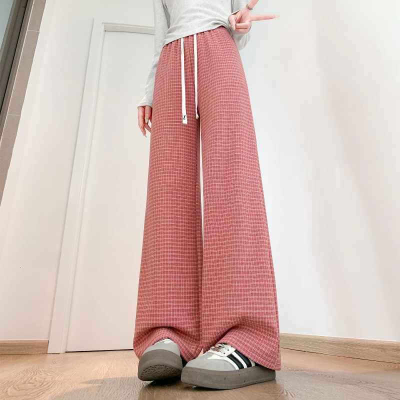Wide Leg Pants for Women in Spring and Autumn New High Waisted Hanging Straight Leg Pants Loose Oversized Casual Checkered Pants