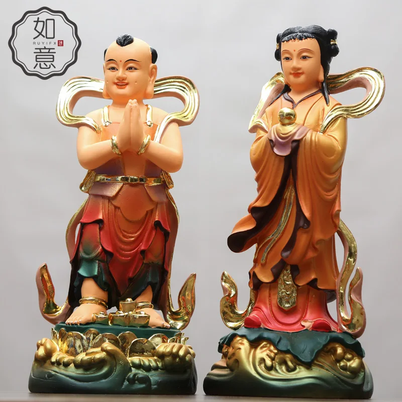 A pair 2PCS Wholesale Buddha figure HOME SHOP Propitious FENG SHUI GUANYIN TONGZI maidens JIN TONG YU NV color buddha statue