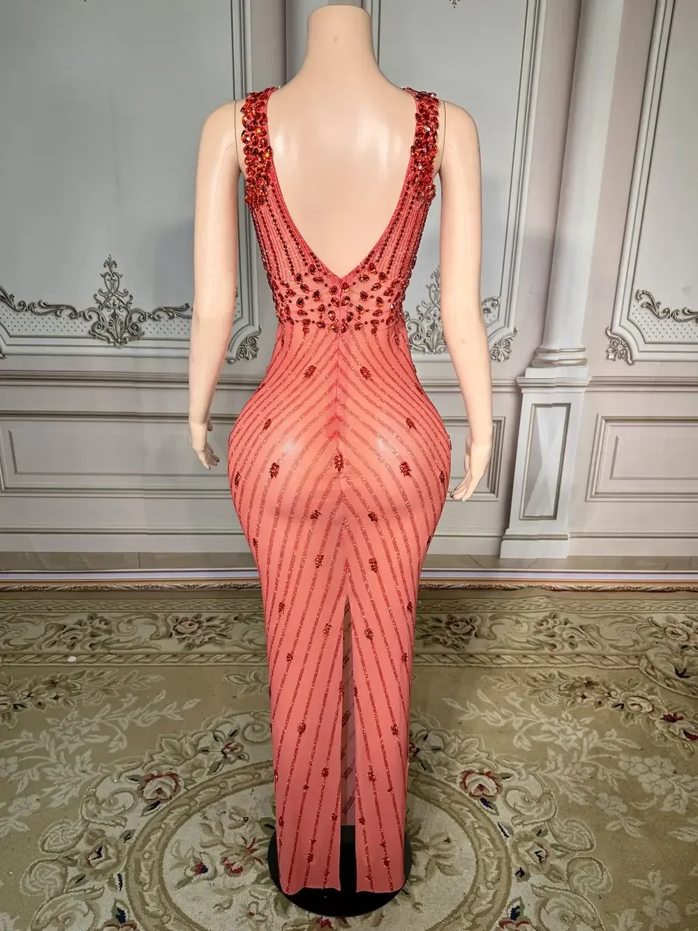 Rotterdam-Robe Longue Rouge Kly avec Strass pour Femme, Robe Transparente en Fibre de Maille, Tenue de Soirée et d'Anniversaire, Séance Photo