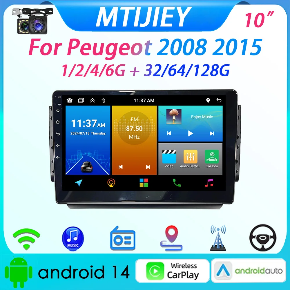 

[MTIJIEY] 6+128 10" Car Radio for Peugeot 2008 2015 Android 14 Carplay Android Auto Multimedia Video Stereo GPS FM WIFI SWC